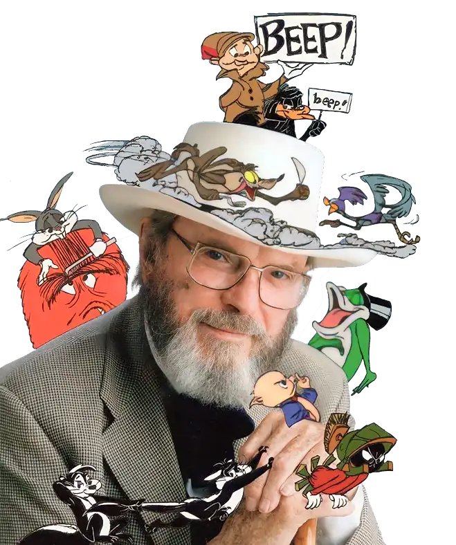 Chuck Jones Renowned animator surrounded by famous cartoon characters, showcasing his creative legacy in animation.