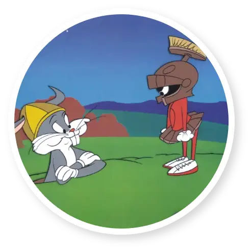 Cartoon scene with a gray rabbit wearing a yellow helmet, interacting with a character in a red Roman outfit on a grassy field.