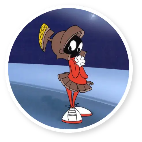 Cartoon character standing on a blue surface, wearing a Roman-style helmet and red clothing, with a thoughtful expression.