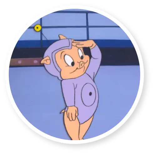 Cartoon pig character in a purple spacesuit saluting on a spaceship, with a cheerful expression.