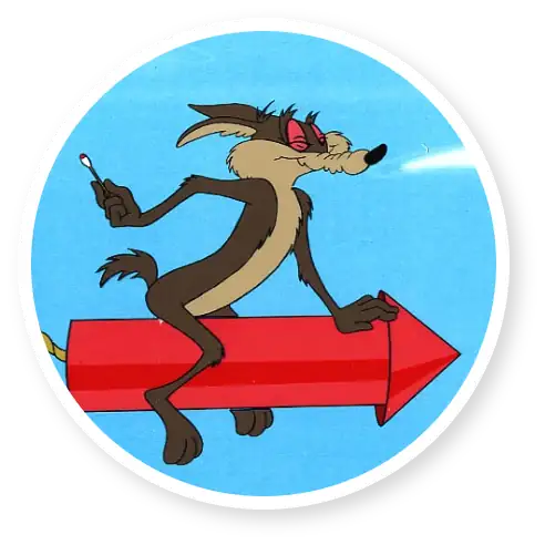 Cartoon coyote on a red rocket with a match, set against a blue background. Iconic animation scene.